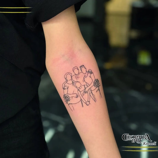 Small Linework Group Holding Flowers Family Tattoo on Women Forearm by @cleopatrainkkocaeli