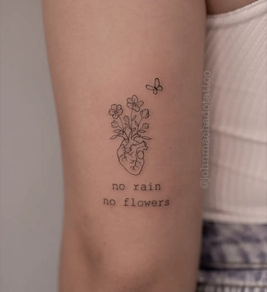 Small Linework Heart with Flowers and Butterfly on Women Arm Tattoo by @johnmachadotattoo