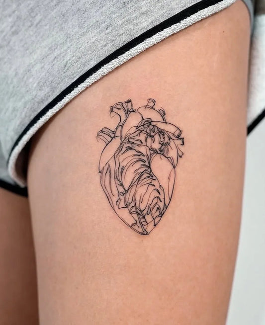 Small Linework Heart with Tiger on Women Thigh Tattoo by @vismstudio