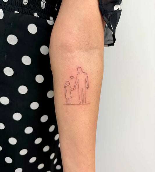 Small Linework Holding Hands Family Tattoo on Women Arm by @flawless.ink.studio
