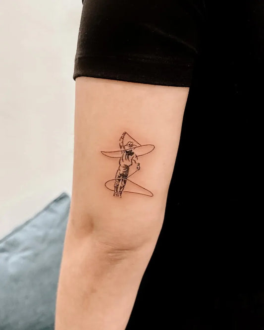 Small Linework Jazz Saxophonist Tattoo on Women Arm by @beautyofriostudio