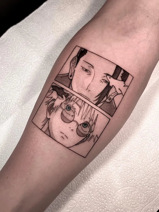 Small Linework Jujutsu Kaisen Characters on Women Arm Tattoo by @aleinnk