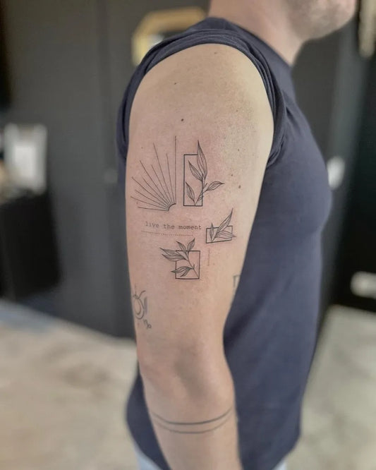 Small Linework Leaf and Sun Tattoo on Men Upper Arm by @phantominktattooshop