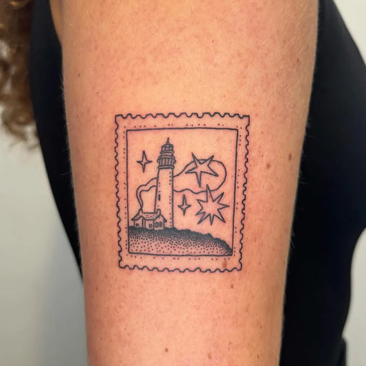Small Linework Lighthouse Stamp Tattoo on Women Arm by @jill.jillian