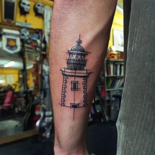 Small Linework Lighthouse Tattoo on Men Arm by @badbonestattoos