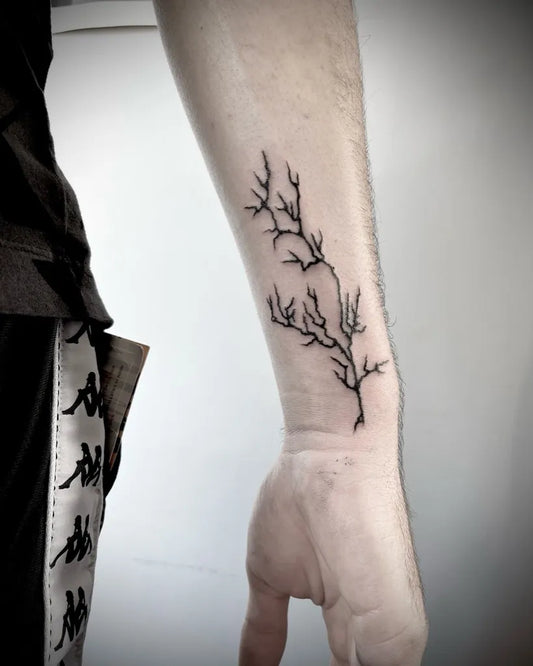 Small Linework Lightning Branch Tattoo on Men Forearm by @kriska_tattoo