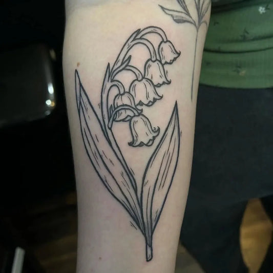 Small Linework Lily of the Valley Women Arm Tattoo by @mitten_made_tattoos