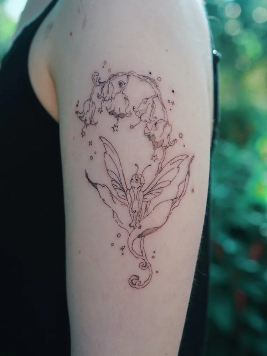 Small Linework Lily of the Valley and Fairy on Women Arm Tattoo by @somewood.in.parra