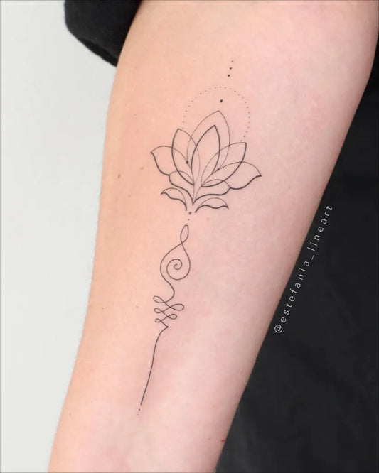 Small Linework Lotus Flower and Om Symbol on Women Arm Tattoo by @estefania_lineart