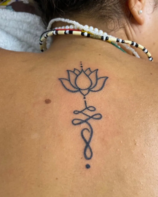 Small Linework Lotus Flower and Unalome on Women Back Tattoo by @khemitoonstattoo