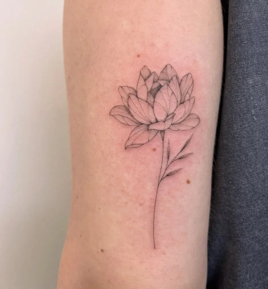 Small Linework Lotus Flower on Women Arm Tattoo by @circle_tattoo_serena