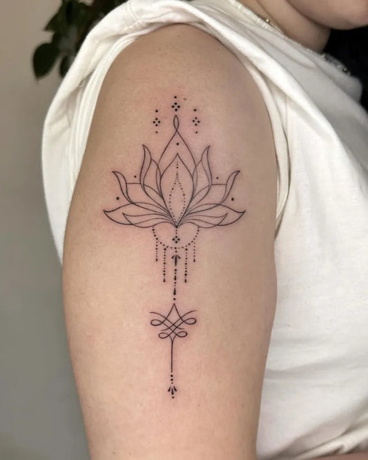 Small Linework Lotus Flower with Mandala and Drapery on Women Arm Tattoo by @sara.apone