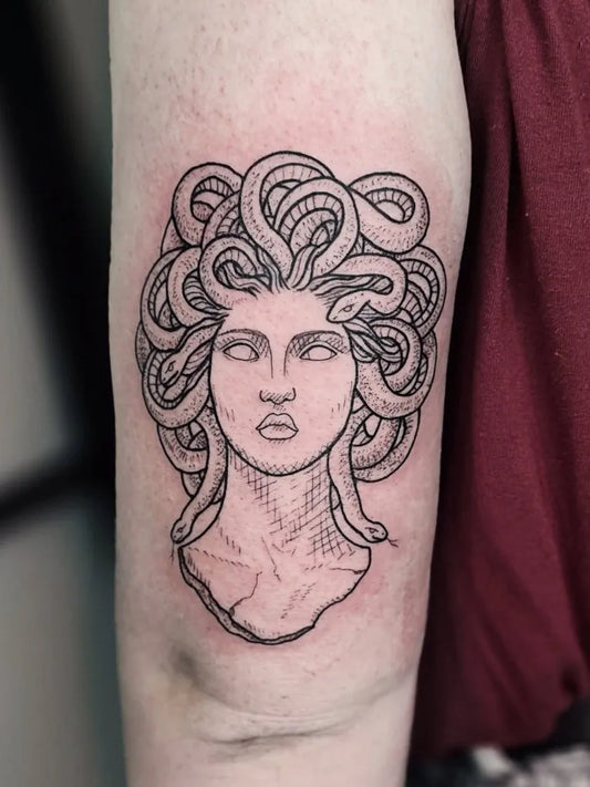 Small Linework Medusa on Women Arm Tattoo by @dcondevillar.ink