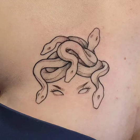 Small Linework Medusa on Women Head Tattoo by @yennykillsclairebots