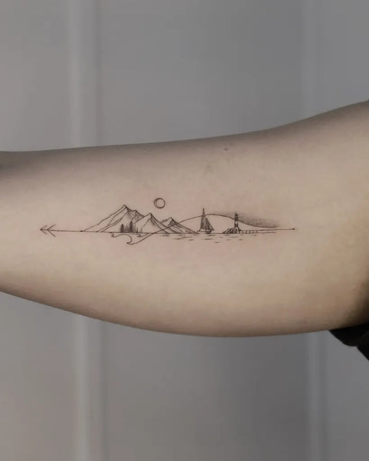 Small Linework Mountain Sailboats Tattoo on Women Arm by @moran.tattooer
