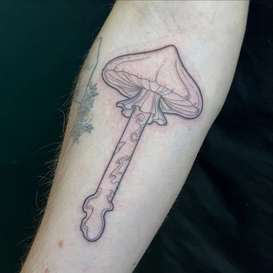 Small Linework Mushroom on Men Arm Tattoo by @daisythechainer