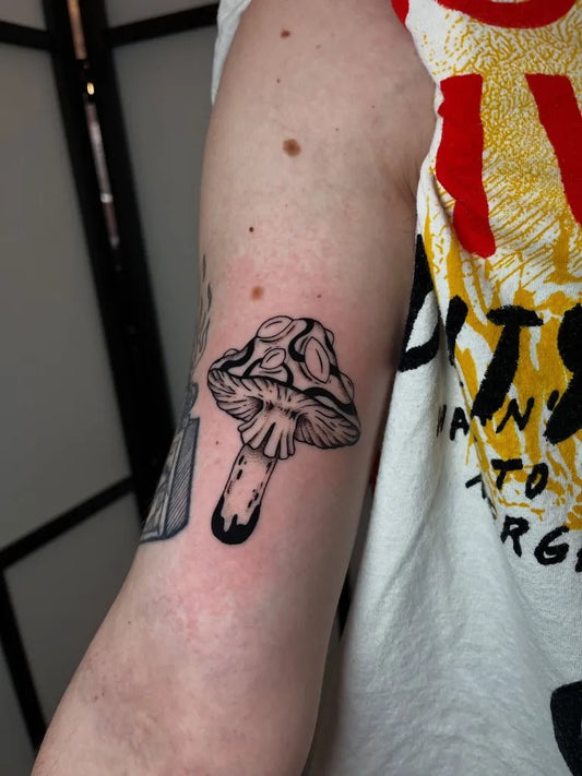 Small Linework Mushroom on Women Arm Tattoo by @bonywench