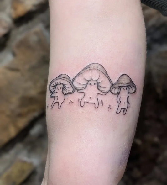 Small Linework Mushrooms on Women Arm Tattoo by @artbymoeh