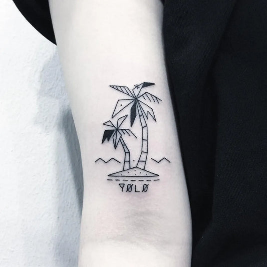 Small Linework Palm Trees and Island Tattoo on Women Arm by @greemtattoo