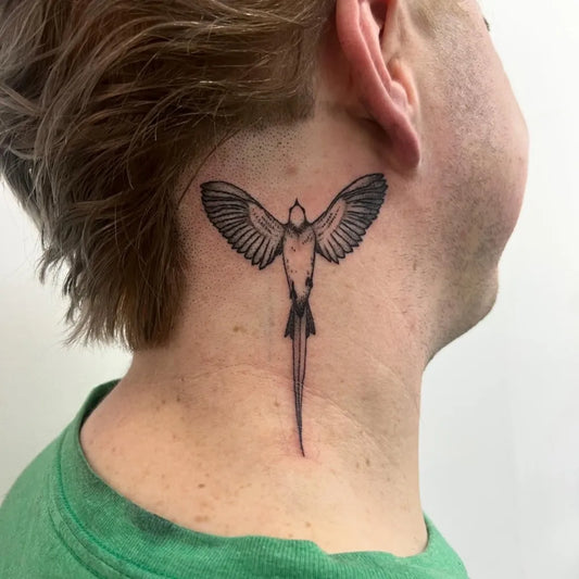 Small Linework Phoenix on Men Neck Tattoo by @waxberrytattoo