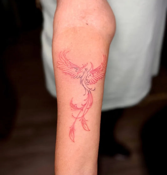 Small Linework Phoenix on Women Arm Tattoo by @inkedby.liz