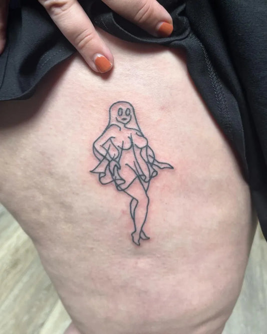 Small Linework Pin Up Girl Tattoo on Women Thigh by @milo_tattz