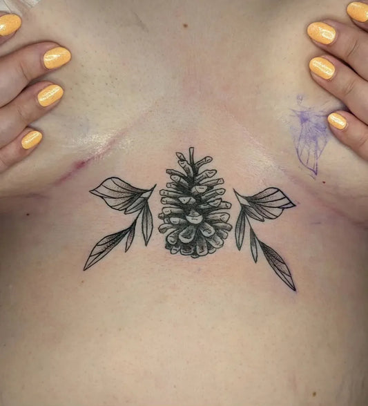 Small Linework Pinecone with Leaves on Women Sternum Tattoo by @buzzkill.tattoo