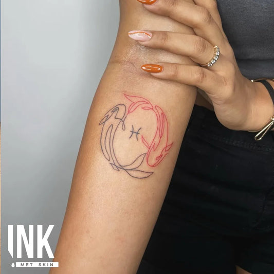 Small Linework Pisces Koi Tattoo on Women Forearm by @inkmetskintattoos
