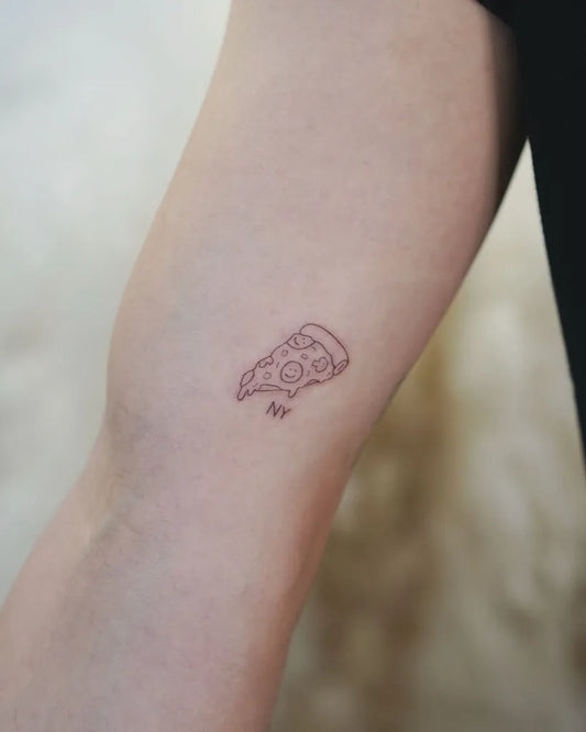 Small Linework Pizza Slice on Women Arm Tattoo by @tattoo4unyc