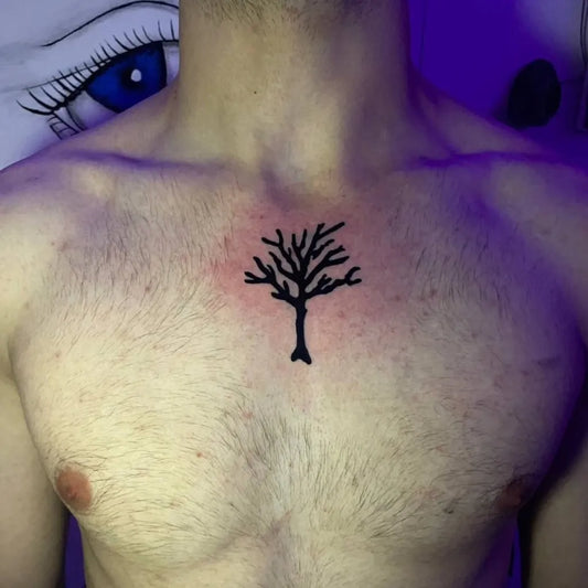 Small Linework Poison Tree on Men Chest Tattoo by @curlytattoo0