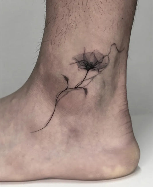 Small Linework Poppy and Vines on Men Ankle Flower Tattoo by @leejeong_tt
