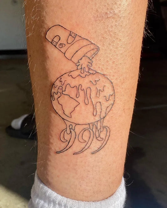 Small Linework Pouring Cup World 999 Tattoo on Men Leg by @inkbyanna_