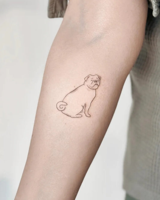 Small Linework Pug on Women Arm Tattoo by @cha.tattoo