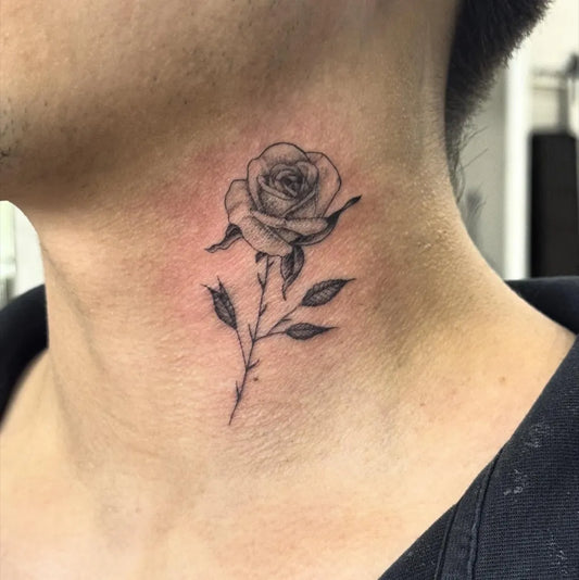 Small Linework Rose Women Neck Tattoo by @inkedhuntresstattoo