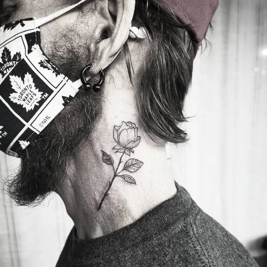 Small Linework Rose on Men Neck Tattoo by @trevormantra