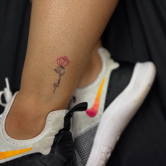 Small Linework Rose on Women Ankle Tattoo by @tatuchiquis