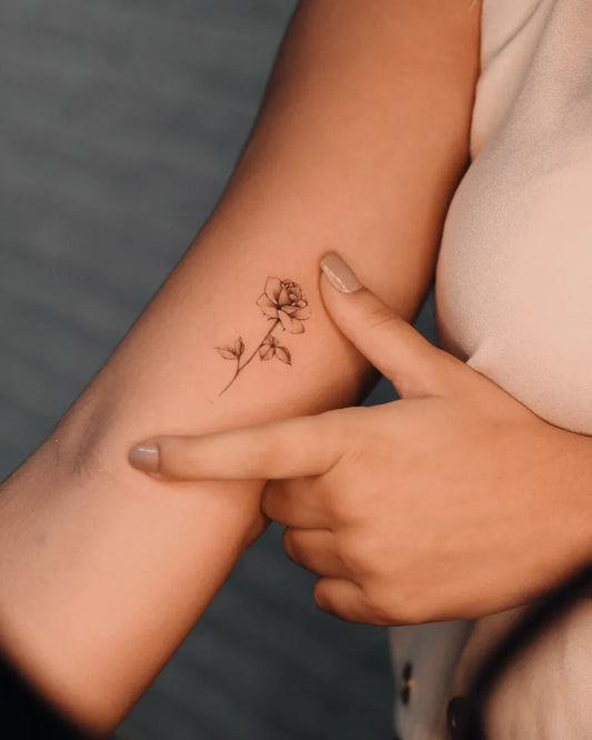 Small Linework Rose on Women Arm Tattoo by @anaoliveiratattoo