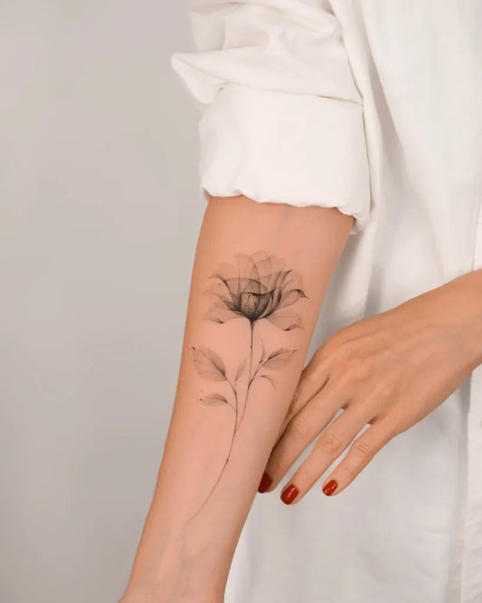 Small Linework Rose on Women Arm Tattoo by @karinamadz.tattoo