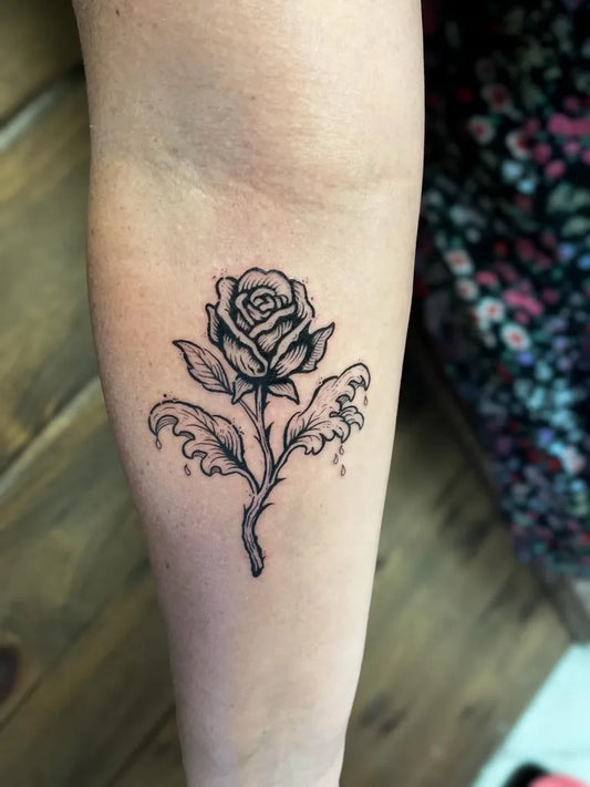 Small Linework Rose on Women Forearm Tattoo by @everguild.ink