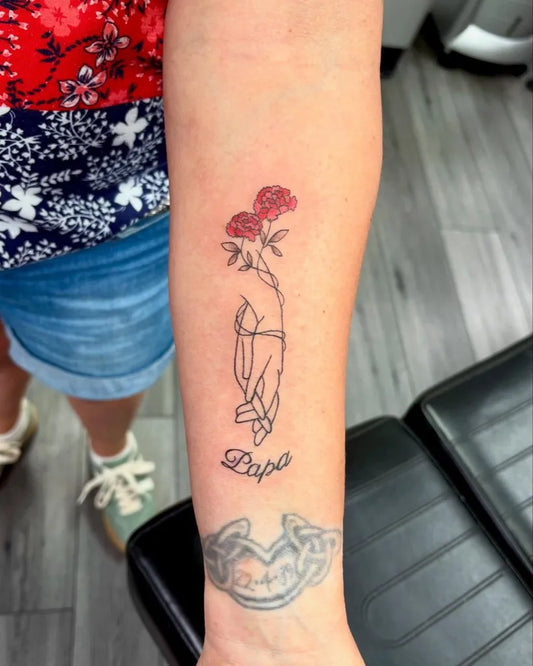 Small Linework Roses and Holding Hands on Women Forearm Tattoo by @j.inks.tattoo