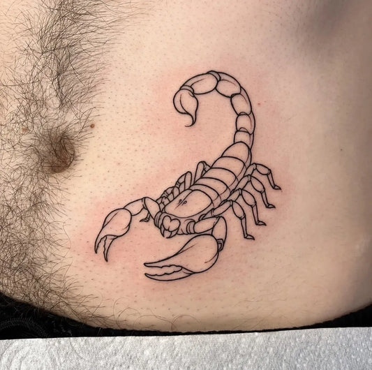 Small Linework Scorpion on Men Abdomen Tattoo by @lewisparkertattoo
