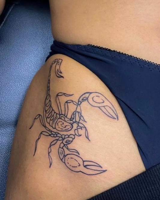 Small Linework Scorpion on Women Hip Tattoo by @ink_o_reilly