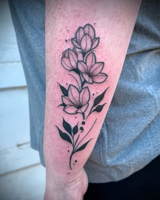 Small Linework Semicolon Magnolia Flowers on Women Arm Tattoo by @boonzietattoo