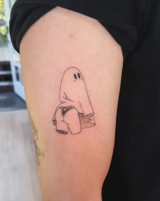 Small Linework Sexy Ghost with Butt Tattoo on Women Arm by @livedonce