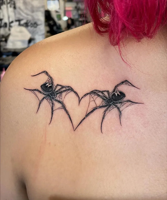 Small Linework Spider Heart on Women Shoulder Tattoo by @winona_ink