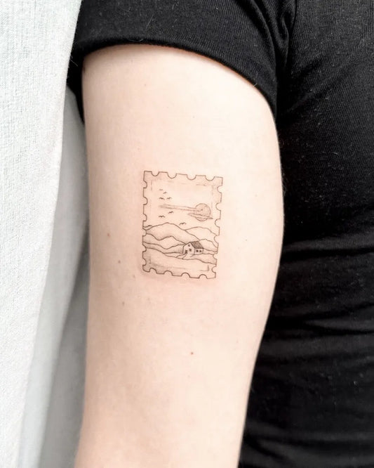 Small Linework StampLandscape on Women Arm Tattoo by @azurateliertattoo