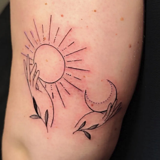 Small Linework Sun Moon Hands on Women Arm Tattoo by @eva.inks