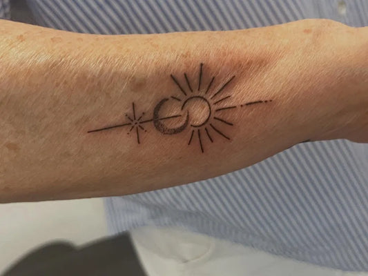 Small Linework Sun Moon Stars on Women Forearm Tattoo by @_ink.and.soul_