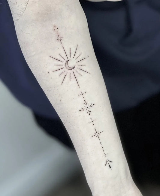 Small Linework Sun Moon and Stars on Women Arm Tattoo by @lenkainkart