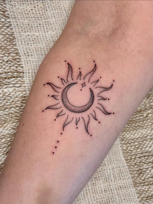 Small Linework Sun Moon on Women Arm Tattoo by @sunkissed.canvas